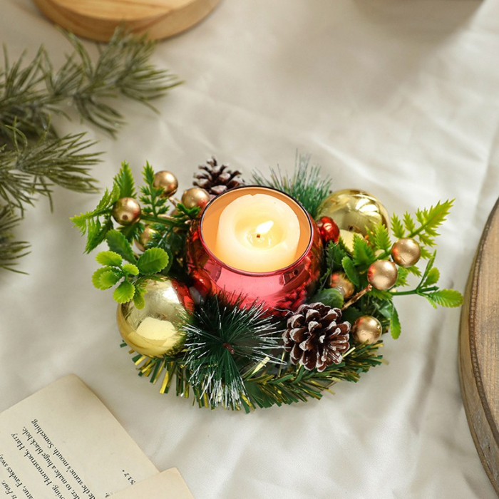 Suport pentru Lumanare de Craciun, Flippy, Model Glob pentru Brad 2 Conuri, Sfesnic de Tip Ghirlanda, Decoratiune pe Masa de Craciun, 12 x 12 x 6 cm, Rosu [2]