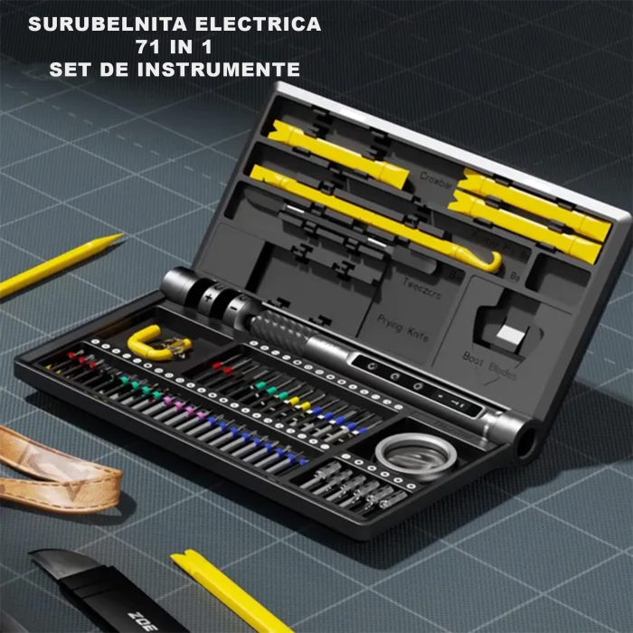 Surubelnita Profesionala Electrica, Flippy, Multifunctionala, Reincarcabila USB, Luminare LED, Kit 71 in 1, Set Complet cu Biti Torx, Phillips, Hex, Pentalobe, 21.4 x 12.4 cm, Negru [2]