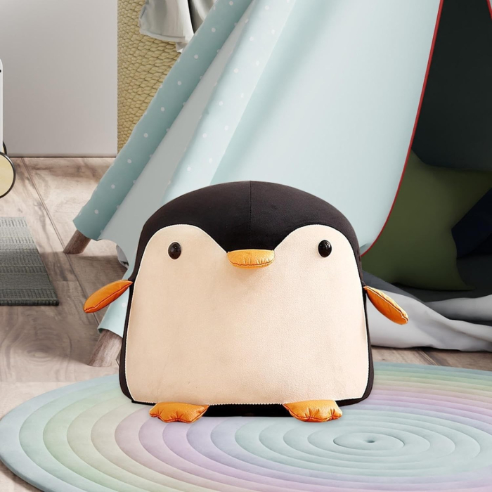Taburet Pentru Copii, Flippy, Cadru din Lemn Masiv, 25 x 29 x 29 cm, Perna de Burete Elastica si Maner de Transport, in Forma de Pinguin, Negru [6]