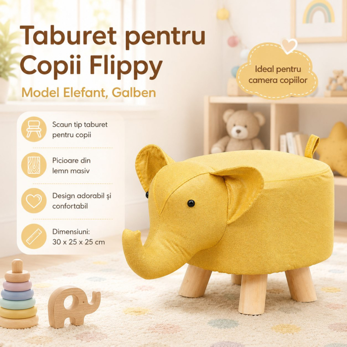 Taburet pentru Copii, Flippy, Scaun Tip Taburet, Model Elefant, din Lemn Masiv, Scaun pentru Copii, 30 x 25 x 25 cm, Galben [2]