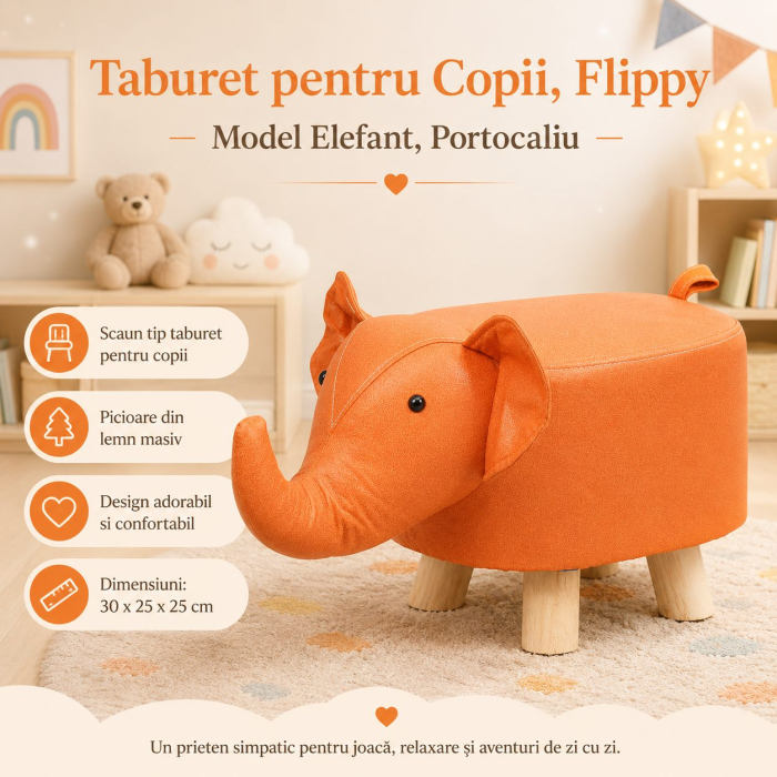 Taburet pentru Copii, Flippy, Scaun Tip Taburet, Model Elefant, din Lemn Masiv, Scaun pentru Copii, 30 x 25 x 25 cm, Portocaliu [4]