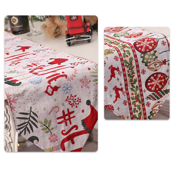 Traversa de Masa pentru Craciun, Flippy, Napron, din Material Tricotat cu Tesatura Groasa, Model Globuri, Reni si Cadouri, cu Colt si Ciucure, 173x34x0.2 cm, Alb/ Rosu [3]