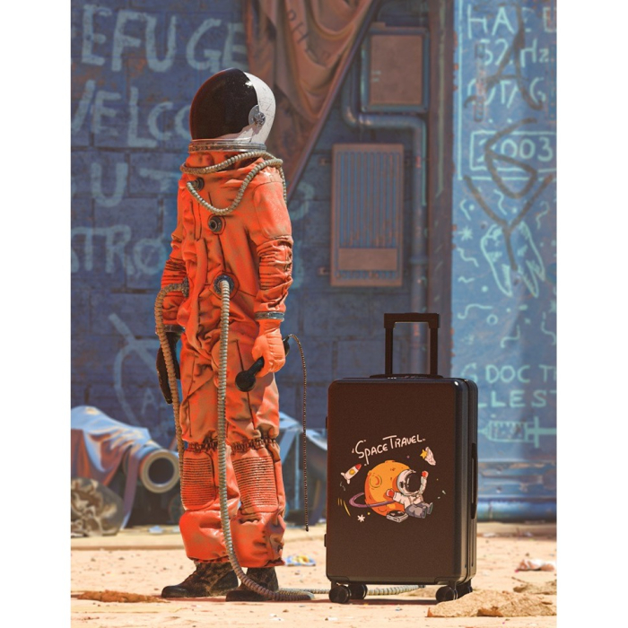 Troler de Calatorie, Flippy, 56 x 35 x 22 cm, 4 Roti, Maner Reglabil, din ABS, cu Fermoar, Blocare cu Cod, Impermeabil, Model Astronaut, Negru [4]