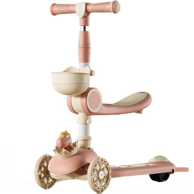 Trotineta Multifunctionala 3 in 1, Flippy, pentru Copii, 1-7 Ani, cu Lumini si Muzica, Reglabil 360, Pliere Usoara, Reglarea Inaltimii, Model Dinozaur, Alb/Roz [1]