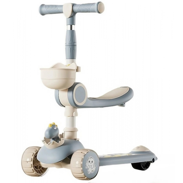 Trotineta Multifunctionala 3 in 1, Flippy, pentru Copii, 1-7 Ani, cu Lumini si Muzica, Reglabil 360, Pliere Usoara, Reglarea Inaltimii, Model Dinozaur, Bej/Albastru [1]