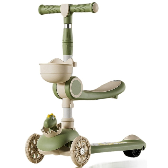 Trotineta Multifunctionala 3 in 1, Flippy, pentru Copii, 1-7 Ani, cu Lumini si Muzica, Reglabil 360, Pliere Usoara, Reglarea Inaltimii, Model Dinozaur, Bej/Verde [1]