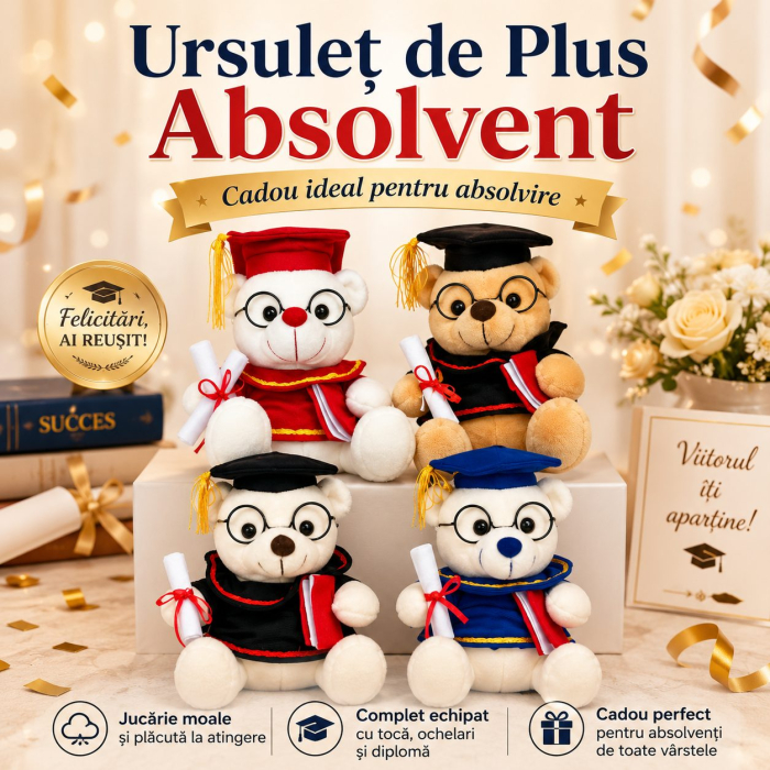 Ursulet de Plus Absolvent, Flippy, Jucarie Moale cu Toca, Ochelari si Diploma, Cadou pentru Absolvire, 40 cm, Multicolor [3]