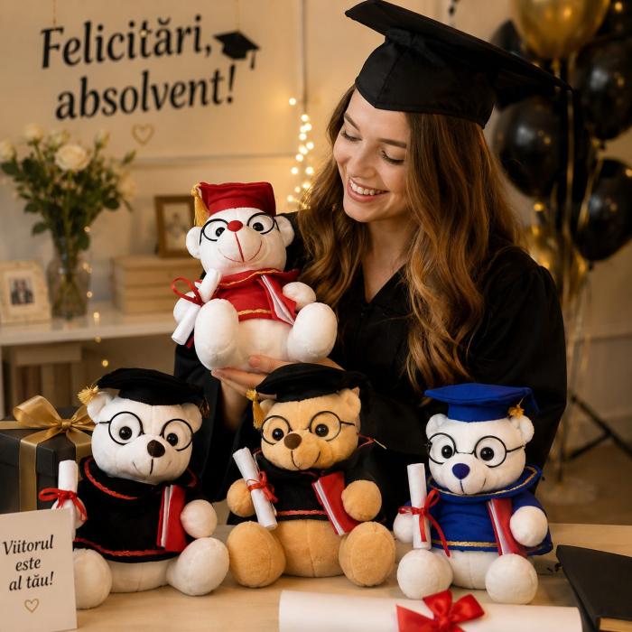 Ursulet de Plus Absolvent, Flippy, Jucarie Moale cu Toca, Ochelari si Diploma, Cadou pentru Absolvire, 40 cm, Multicolor [4]