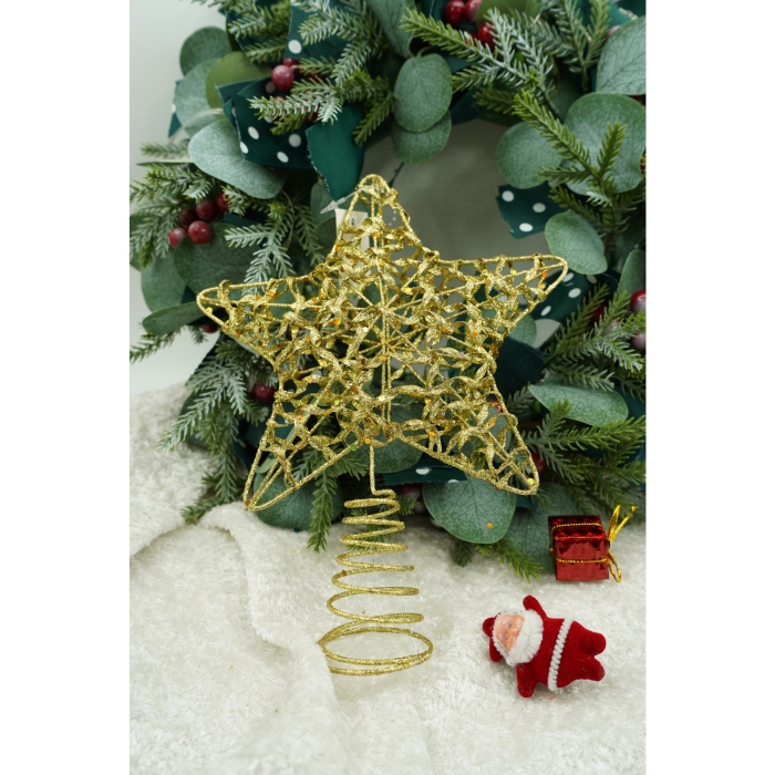 Varf decorativ de brad, Auriu, in forma de Stea, design cu paiete, din Plastic/Metal, 18 cm x 23 cm, Interior/Exterior, Flippy [2]