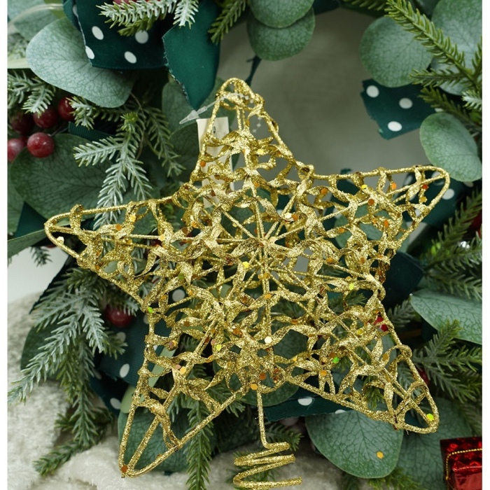 Varf decorativ de brad, Auriu, in forma de Stea, design cu paiete, din Plastic/Metal, 18 cm x 23 cm, Interior/Exterior, Flippy [8]