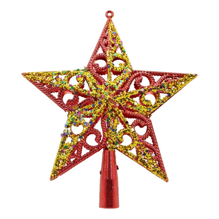 Varf decorativ de brad, Rosu/ Auriu, in forma de Stea, design spiralat, din Plastic, 19 cm x 21 cm, Interior/Exterior, Flippy [1]