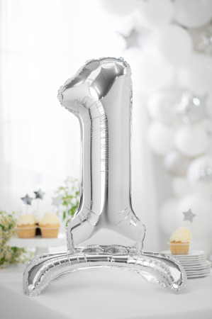Balon folie cu suport Numărul "1", 70 cm, argintiu (1 pachet / 1 buc.) [1]