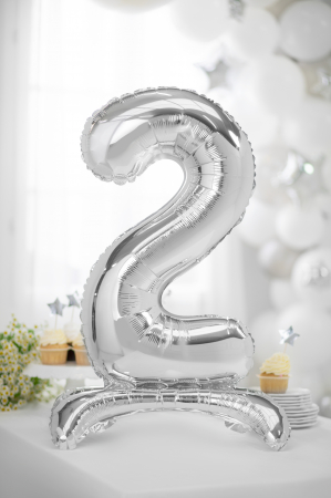 Balon folie cu suport Numărul "2", 70 cm, argintiu (1 pachet / 1 buc.) [1]