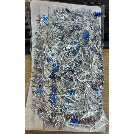 Craciun - Beteala de Craciun cu LED, Flippy, 2 m, 5 cm Grosime, din PVC, Model cu Stelute, Artificiala, Albastru/Argintiu