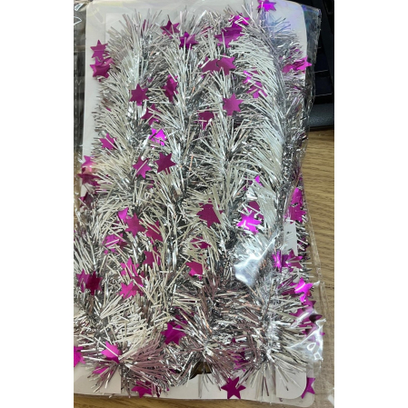 Craciun - Beteala de Craciun cu LED, Flippy, 2 m, 5 cm Grosime, din PVC, Model cu Stelute, Artificiala, Mov/Argintiu