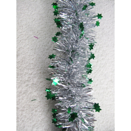 Craciun - Beteala de Craciun cu LED, Flippy, 2 m, 5 cm Grosime, din PVC, Model cu Stelute, Artificiala, Verde/Argintiu