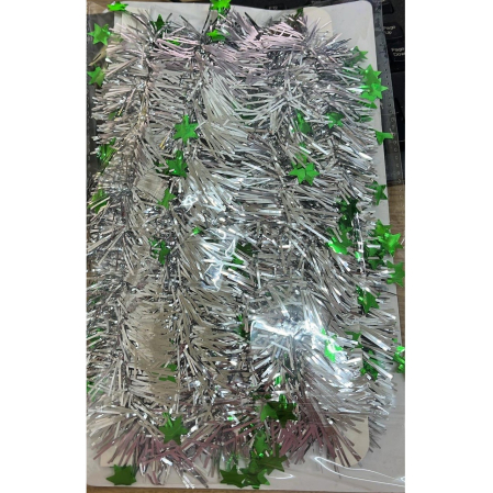 Beteala de Craciun cu LED, Flippy, 2 m, 5 cm Grosime, din PVC, Model cu Stelute, Artificiala, Verde/Argintiu [2]