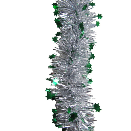 Beteala de Craciun cu LED, Flippy, 2 m, 5 cm Grosime, din PVC, Model cu Stelute, Artificiala, Verde/Argintiu [1]