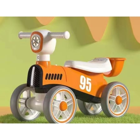 Masinute, Triciclete si Masinute Electrice - Bicicleta fara pedale pentru copii Flippy, cu lumini si muzica, 4 roti, varsta 1-3 ani, material PP, 63 x24 x41 cm, portocaliu
