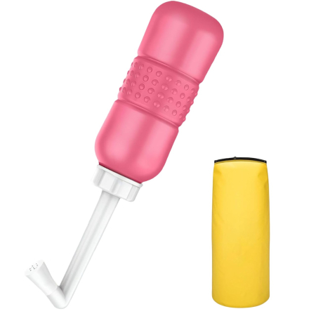 Articole pentru baie - Bideu Portabil pentru Igiena Intima , pentru Postpartum/ Postoperator, 450 mL, cu Capac si Husa Galbena, 29.5x7 cm, Culoare Recipient Roz