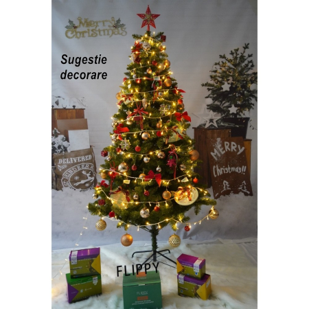 Brad artificial de Craciun, clasic, pentru interior/exterior, inaltime 210 cm, diametru 125 cm, 957 ramuri, Flippy, verde, suport metalic inclus [4]