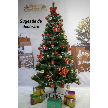 Brad artificial de Craciun, Decorat cu conuri de pin, pentru interior/exterior, inaltime 210 cm, diametru 114 cm, 1057 ramuri, Flippy, verde, suport metalic inclus [4]