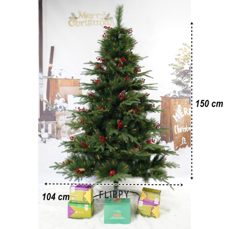 Craciun - Brad artificial de Craciun, decorat cu conuri pin rosii, pentru interior/exterior, inaltime 150 cm, diametru 104 cm, 323 ramuri, Flippy, verde, suport metalic inclus