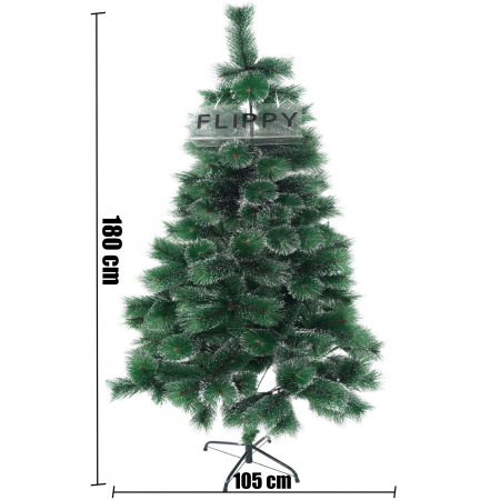 Brad artificial de Craciun tip pin inzapezit, inaltime 180 cm, diametru 105 cm, 260 ramuri cu ace 3D 12 cm, Flippy, verde cu varfuri ninse, suport metalic inclus [3]