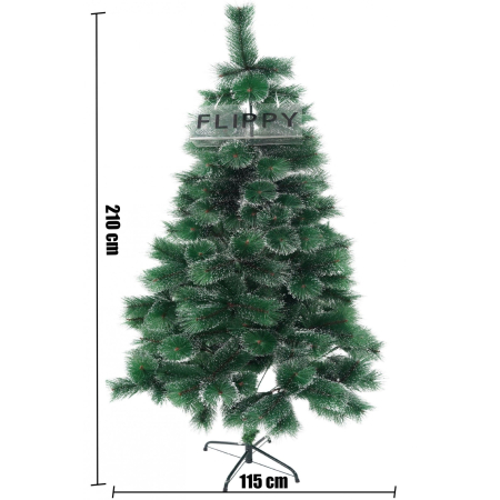 Brad artificial de Craciun tip pin inzapezit, inaltime 210 cm, diametru 115 cm, 350 ramuri cu ace 3D 12 cm, Flippy, verde cu varfuri ninse, suport metalic inclus [3]