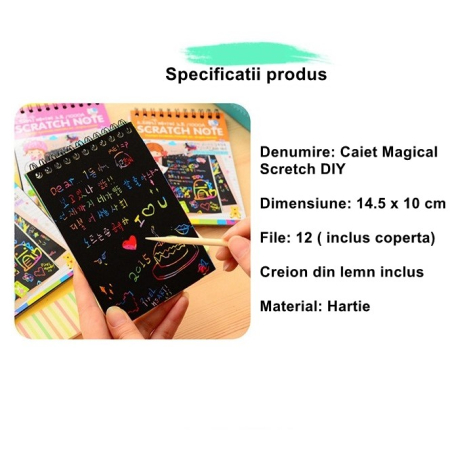 Caiet cu fise razuibile Flippy, DIY Magic Scratch, 12 File, Curcubeu, Creion din Lemn, Cartonase negre, 14.5 x 10 cm, roz [3]