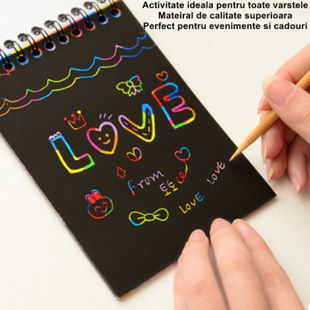 Caiet cu fise razuibile Flippy, DIY Magic Scratch, 12 File, Curcubeu, Creion din Lemn, Cartonase negre, A5, Multicolor [4]