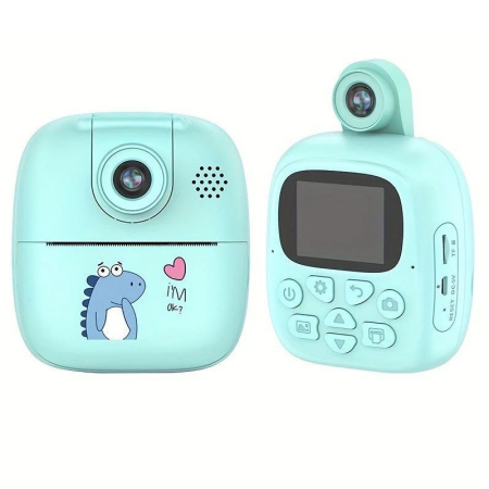 Jucarii si Jocuri - Camera Instantanee pentru Copii, Flippy, Camera Frontala + Selfie, cu Functie de Printare, Cablu USB-C, Bluetooth, Compatibil iOS/Android, Imprimare APP, Model Dino, Albastru