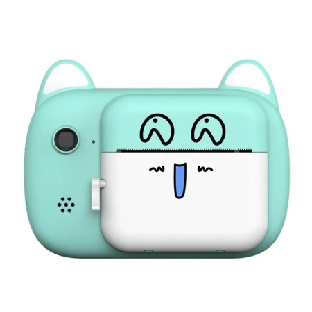 Jucarii si Jocuri - Camera Instantanee pentru Copii, Flippy, Camera Frontala + Selfie, cu Functie de Printare, Cablu USB-C, Bluetooth, Compatibil iOS/Android, Imprimare APP, Model Pisica Smiley Face, Verde