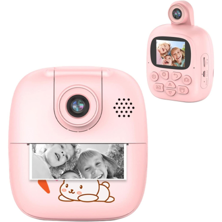 Jucarii si Jocuri - Camera Instantanee pentru Copii, Flippy, Camera Frontala + Selfie, cu Functie de Printare, Cablu USB-C, Bluetooth, Compatibil iOS/Android, Imprimare APP, Model Bunny, Roz