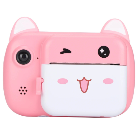 Jucarii si Jocuri - Camera Instantanee pentru Copii, Flippy, Camera Frontala + Selfie, cu Functie de Printare, Cablu USB-C, Bluetooth, Compatibil iOS/Android, Imprimare APP, Model Pisica Smiley Face, Roz