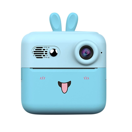 Jucarii si Jocuri - Camera Instantanee pentru Copii, Flippy, cu Functie de Printare, Cablu USB-C, Bluetooth, Compatibil iOS/Android, Imprimare APP, Model Iepure, Snur de Agatat Inclus, Albastru