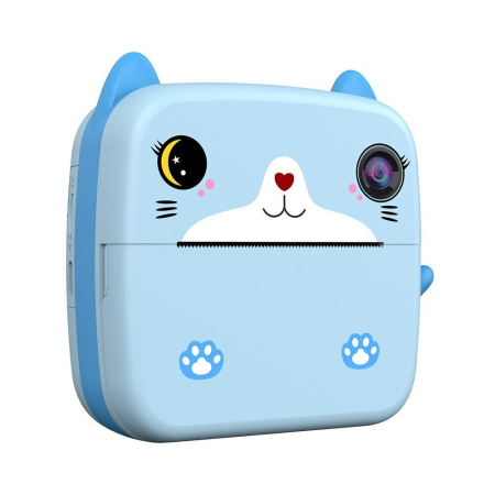 Jucarii si Jocuri - Camera Instantanee pentru Copii, Flippy, cu Functie de Printare, Camera Frontala + Selfie, Cablu USB-C, Bluetooth, Compatibil iOS/Android, Imprimare APP, Model Pisica, Albastru