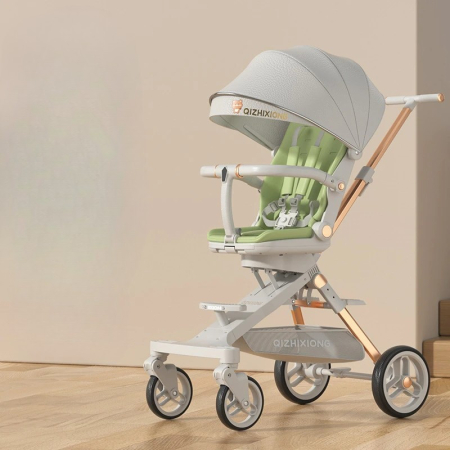 Carucior Sport Flippy 3in1, 6-36 Luni, Pliabil, Tavita pentru Masa, Pat de Dormit, Centura de Siguranta, Roti 360 Grade, Reversibil, Parasolar, Maner Reglabil, 64 x 35 x 100 cm, Gri/Verde [2]