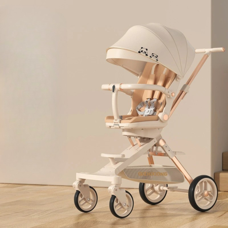Carucior Sport Flippy 3in1, 6-36 Luni, Pliabil, Tavita pentru Masa, Pat de Dormit, Centura de Siguranta, Roti 360 Grade, Reversibil, Parasolar, Maner Reglabil, 64 x 35 x 100 cm, Panda, Crem [1]