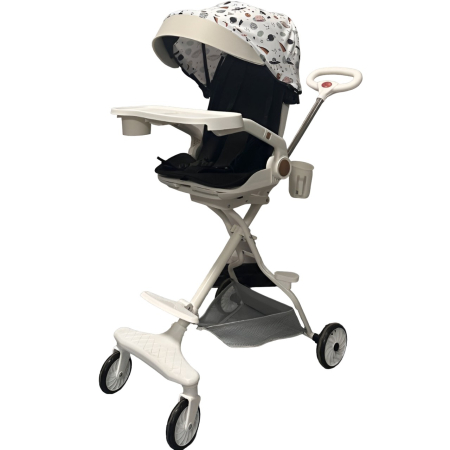 Carucioare Copii - Carucior Sport Flippy 3in1, 6-36 Luni, Reversibil, Pliabil, Tavita pentru Masa, Pozitie de Somn, Centura de Siguranta, Roti 360, Suport Pahar, Copertina pentru Soare, 32x63x95cm, Bej Model Cosmos