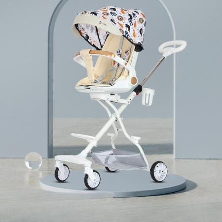 Carucior Sport Flippy 3in1, 6-36 Luni, Reversibil, Pliabil, Tavita pentru Masa, Pozitie de Somn, Centura de Siguranta, Roti 360, Suport Pahar, Copertina pentru Soare, 32x63x95cm, Crem Model Jungla [1]