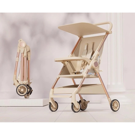 Carut Pliabil, Flippy, Usor, Compatibil cu Avionul, de Plimbat/Dormit, Parasolar, Cutie Depozitare, Tabla de Masa, 93 x 70 x 40 cm, Bej [1]