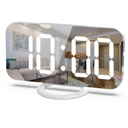Diverse casa - Ceas digital cu LED, Flippy, multifunctional, afisaj digital, alarma, 2 porturi USB de iesire, ecran tip oglinda, modern, 15.8 cm, alb