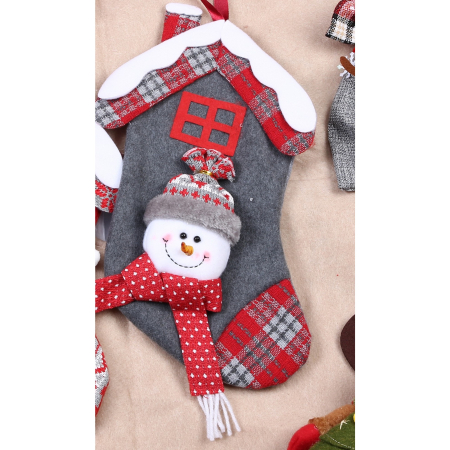 Decoratiuni Craciun - Ciorap Cadouri, model casa, culoare gri, imprimeu om de zapada, marimea 15x30 cm, Flippy