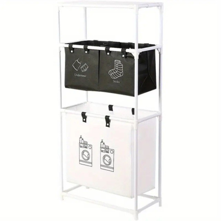 Articole pentru baie - Cos de Rufe , 3 Rafturi, 3 Cosuri, Cadru de Otel Inoxidabil, 123x28x57 cm, Alb