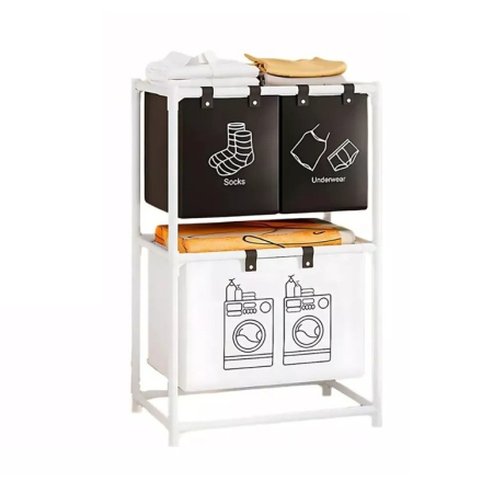 Articole pentru baie - Cos de Rufe , cu 2 Etaje , 3 Cosuri, Cadru de Otel Inoxidabil, 97x28x57 cm, Alb