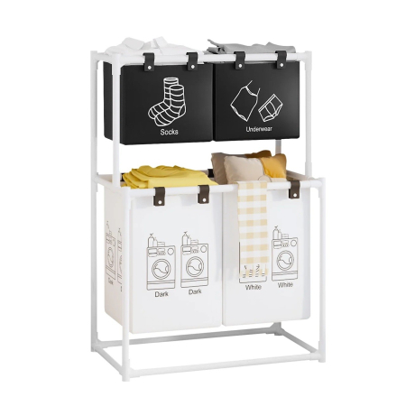 Articole pentru baie - Cos de Rufe , cu 2 Etaje, 4 Cosuri, Cadru de Otel Inoxidabil, 97x44x57 cm, Alb