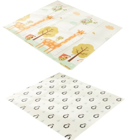 Covorase de joaca - Covoras de Joaca pentru Copii Termic cu 2 Fete, Flippy, Model Girafe si Pinguini, cu Spuma, Impermeabil, Antiderapant, 200cm x 180cm x 1cm