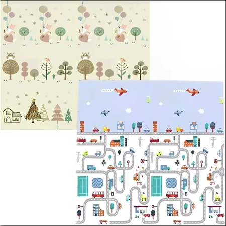 Covoras de Joaca pentru Copii Termic cu 2 Fete, Flippy, Model Vulpi si Pista de Masini, cu Spuma, Impermeabil, Antiderapant, 200cm x 160cm x 0.6cm [1]