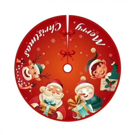 Covoras pentru Bradul de Craciun, Flippy, din Tesatura Pufoasa, cu Fundite de Prindere, Model Mos Craciun si Ajutoarele, Rosu, Diametru 90 cm [2]